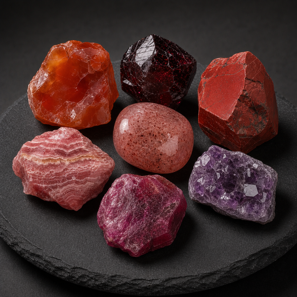 Carnelian · Garnet · Red jasper · Strawberry quartz · Rhodochrosite · Ruby · Amethyst Fire Stone Collection