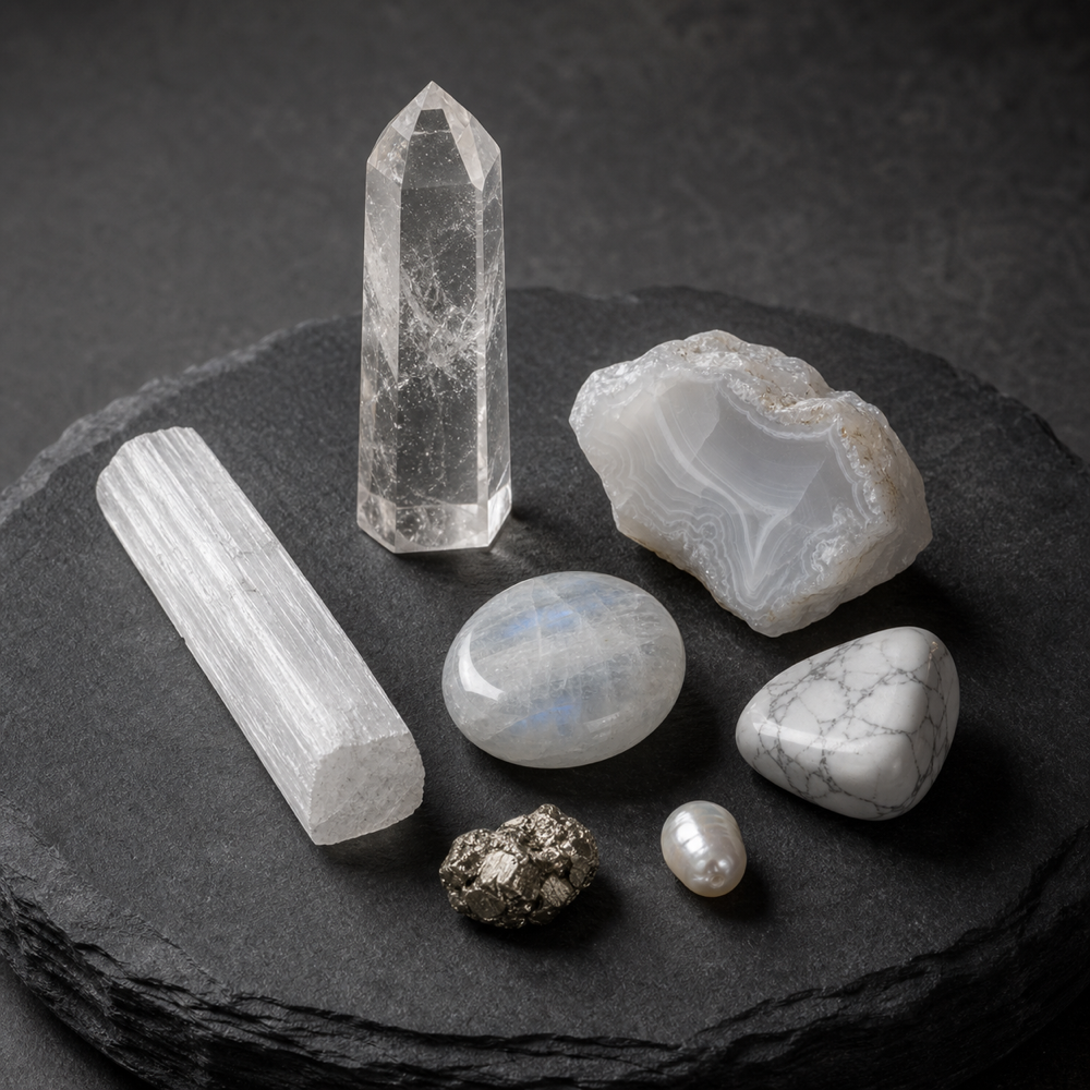 Clear quartz · Moonstone · White agate · Selenite · Howlite · Pearl · Pyrite Metal Stone Collection