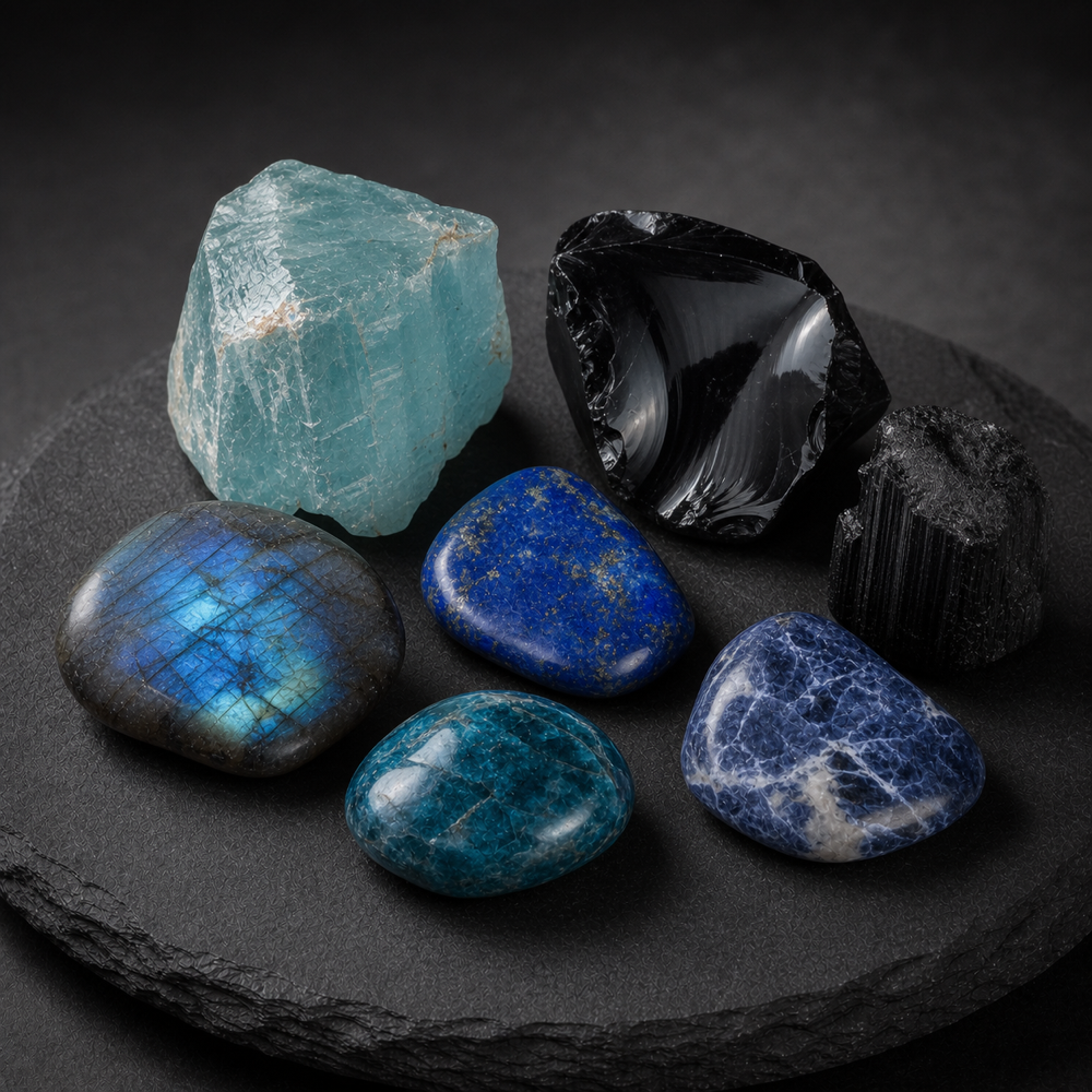 Aquamarine · Obsidian · Black tourmaline · Labradorite · Lapis · Blue apatite · Sodalite Water Stone Collection
