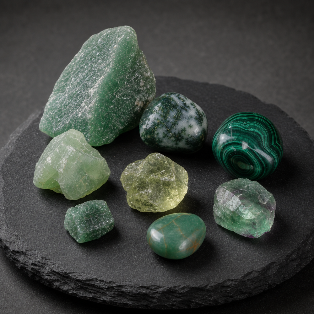 Green aventurine · Moss agate · Malachite · Jade · Prehnite · Peridot · Green fluorite Wood Stone Collection