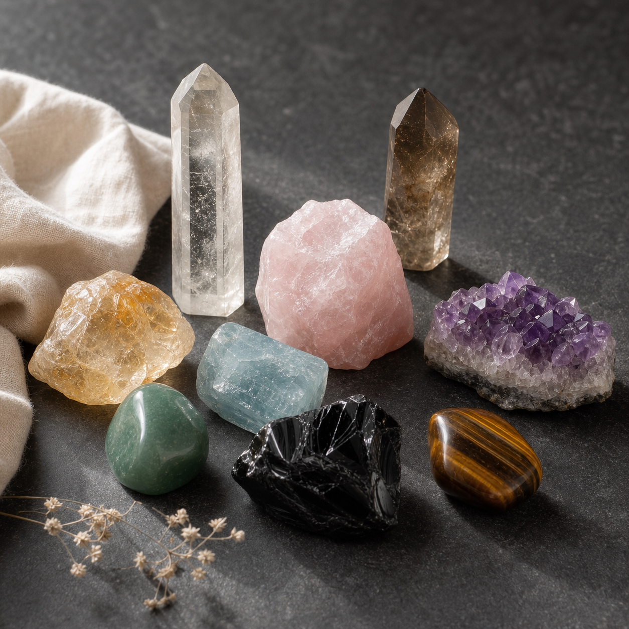 A curated collection of natural crystals representing the Five Elements